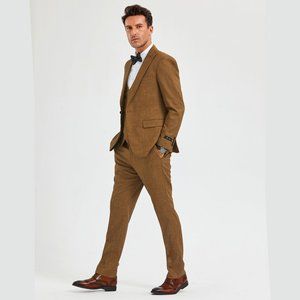 Mens Skinny Fit 3pc Textured Suit by Tazio, Dark Wheat